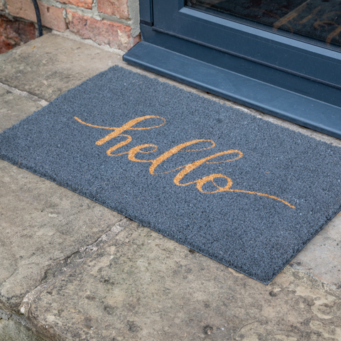 Printed Novelty Hello Sign Grey Coir Door Mat 45cm x 75cm - Indoor and Sheltered Outdoor Use