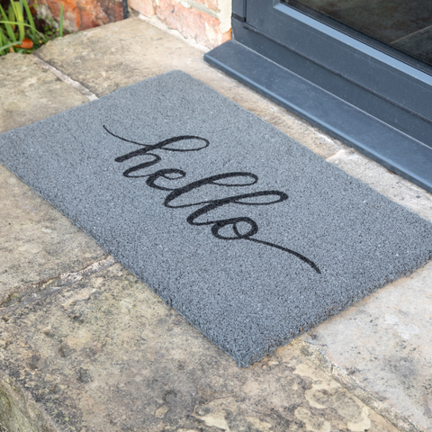 Printed Novelty Hello Sign Grey Coir Door Mat 45cm x 75cm - Indoor and Sheltered Outdoor Use