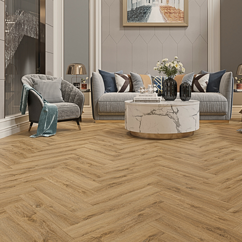 Rustic Mid Oak Luxury SPC Click Plank Flooring Herringbone Style - Built-In Underlay Already Installed - 5.2mm Thick