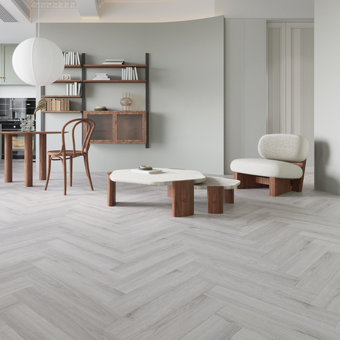 Oxford Light Grey Luxury SPC Click Plank Flooring Herringbone Style - Built-In Underlay Already Installed - 5.2mm Thick