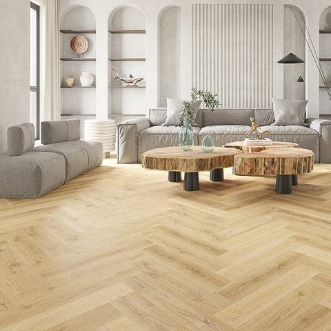 Light Barley Oak Luxury SPC Click Plank Flooring Herringbone Style - Built-In Underlay Already Installed -5.2mm Thick