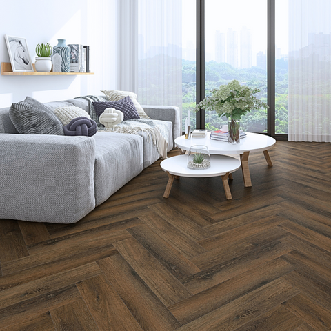 Dark Wood Oak Luxury SPC Click Plank Flooring Herringbone Style - Built-In Underlay Already Installed -5.2mm Thick